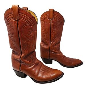 Vtg Tony Lama Cowboy Boots 9.5 E Men H2284 Pull On Leather Brown Pointed 2" USA